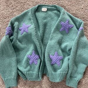 Cozy Green Cardigan with Purple Star Accents